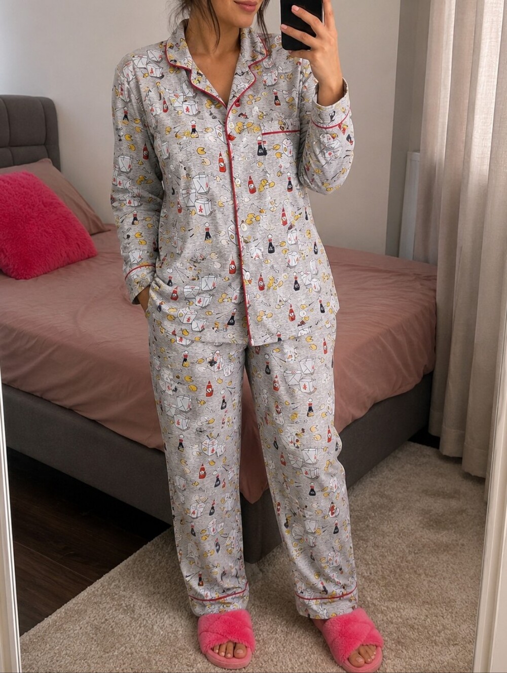 Woman's Gray Noodle & Sauce Pajama Pants - Picture 1 of 6